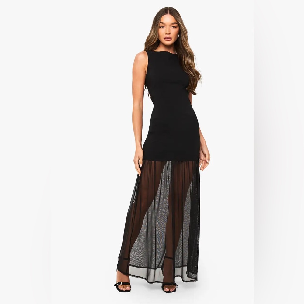 BooHoo Black Sheer Hem Sleeveless Maxi Dress Size 6